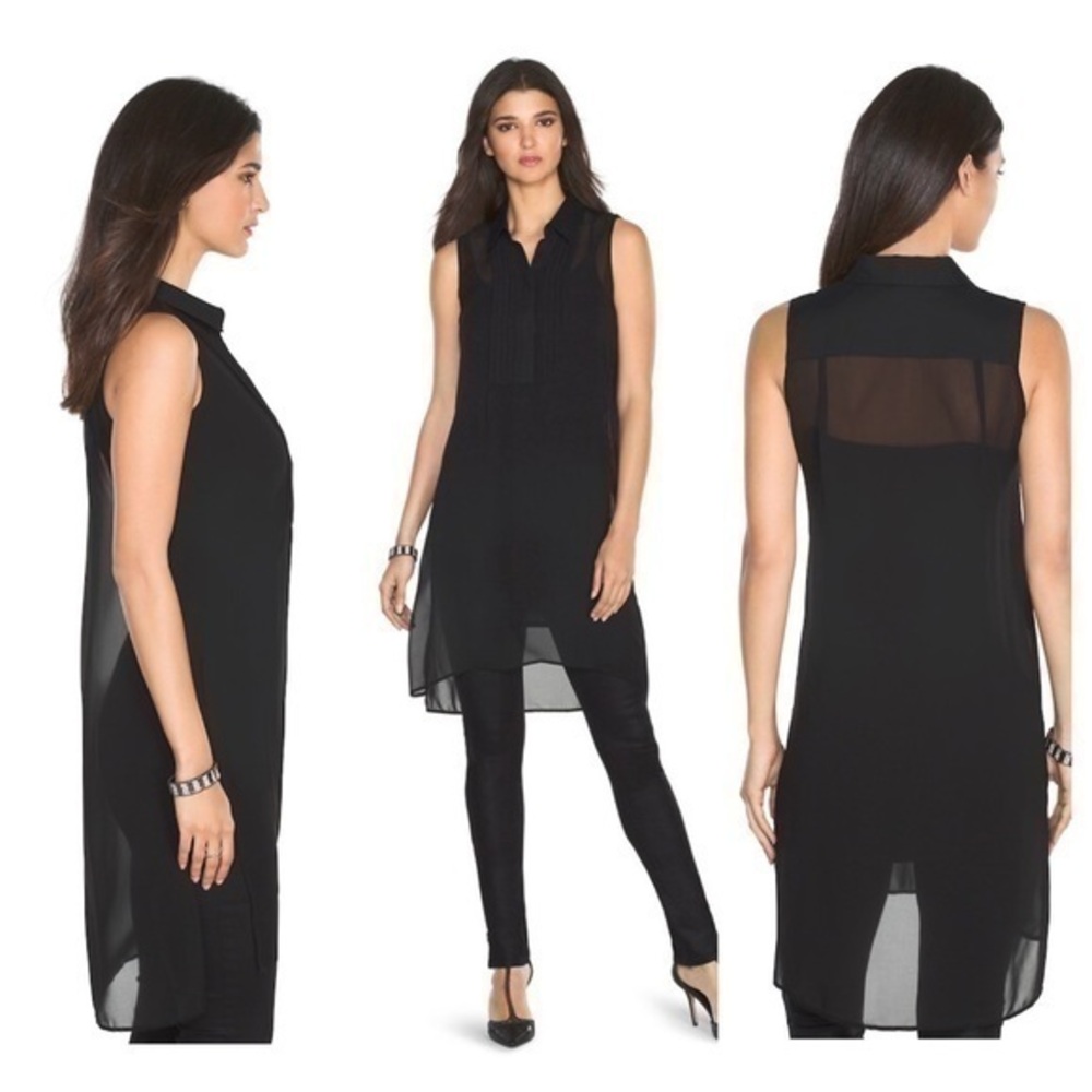 WHBM black Pleated Bib Sheer Tunic Top Y19